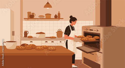 Baker in warm kitchen removes fresh baked bread from vintage stove, delicious goods