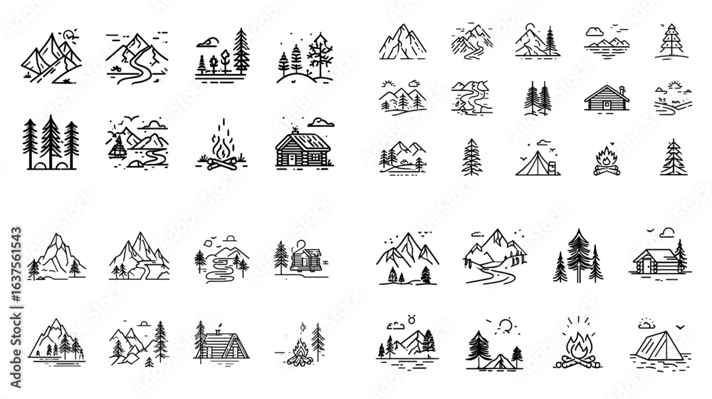 Fototapeta premium Hand-drawn outdoor and camping scene icons featuring mountains, cabins, pine trees, and tents, perfect for travel, hiking, and adventure design projects.