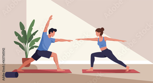 Yoga Harmony Couple in warrior pose, mats, indoor setting, minimal art style, plant, light