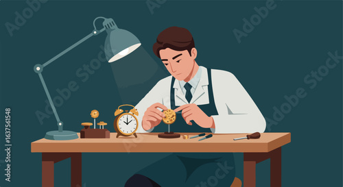 Repairman working on clock parts under an adjustable lamp on a wooden work table