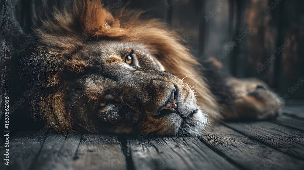Naklejka premium Majestic lion resting on weathered wood.