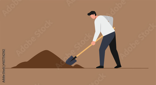 Illustration of a person digging into a pile of dirt with a shovel on the ground