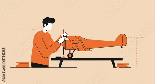 Person constructing a vintage airplane model on a work table with simple tools