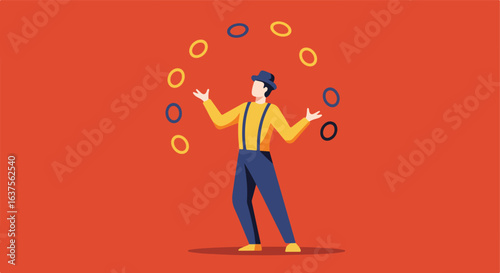 Rings are juggled by a person wearing suspenders, on a red background