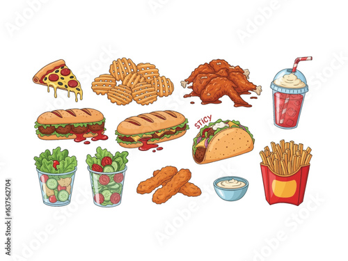 Delicious Assortment: A vibrant selection of various delightful fast food items in an eye-catching arrangement. Capture a rich visual feast, ready to tantalize.