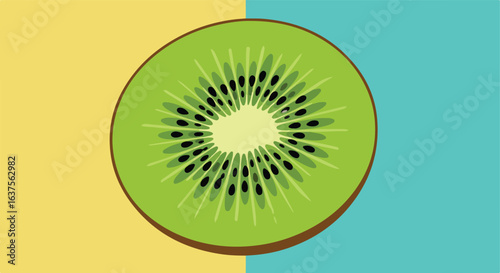 Kiwi Slice Vivid green and black seeds on split yellow/blue backdrop, flat style