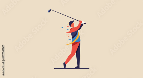 Vector illustration of a golfer completing a swing against a beige backdrop
