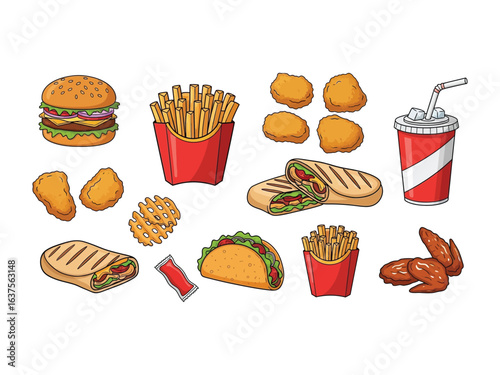 Fast Food Feast: A colorful illustration of an array of tempting fast food favorites, offering a visual treat for all tastes. It's a celebration of culinary delights.