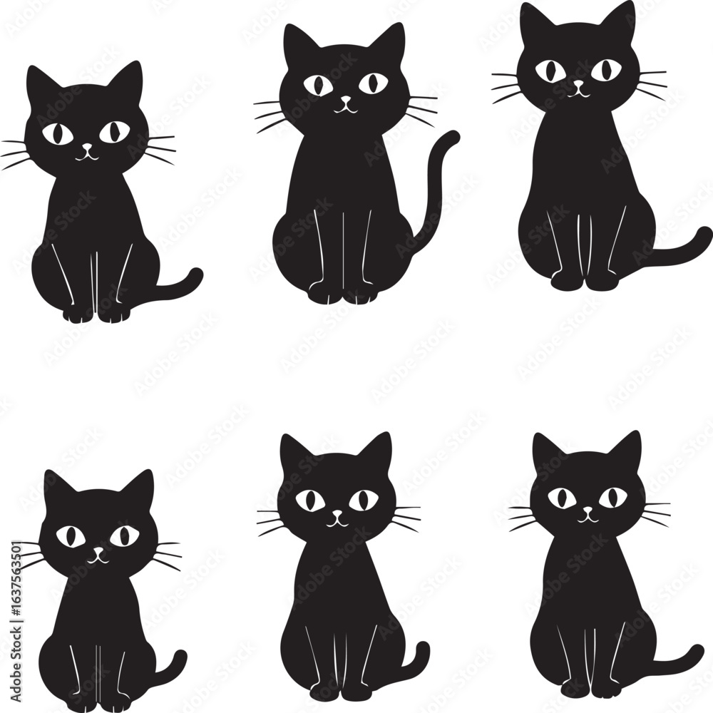 Obraz premium Six Black Cartoon Cats Sitting in Two Rows on White Background kitten black cat