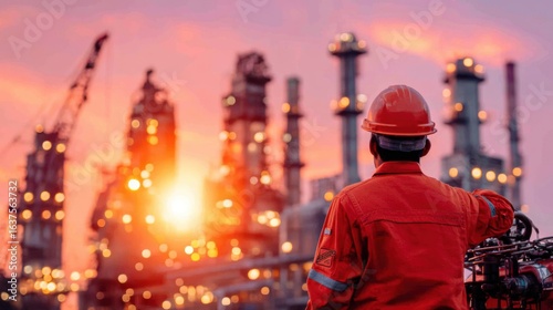 Sunset observation at an industrial oil refinery worker in red uniform urban environment inspirational perspective