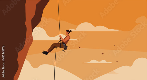 Climber Descends Cliff on Rope Landscape of layered hills and birds flying