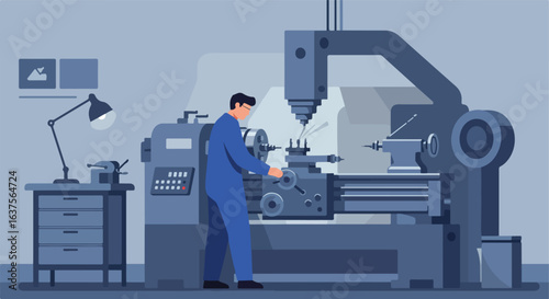 Factory worker in uniform operates industrial machinery. Engineering process