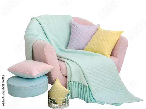 Pastel pink armchair with mint green blanket lavender yellow pillows isolated on a transparent background
