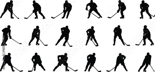 Hockey player silhouette collection, dynamic ice hockey poses, stick handling clipart, black figure PNG, sports action vector, skating stance illustration, team game design.