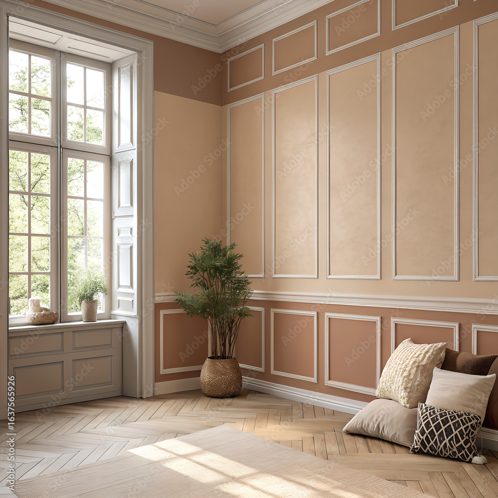Fototapeta premium warm neutral wall with pillows and the plant and the window