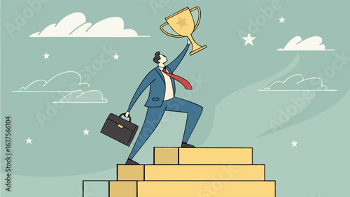 Businessman Celebrating Success Holding Trophy on Steps.