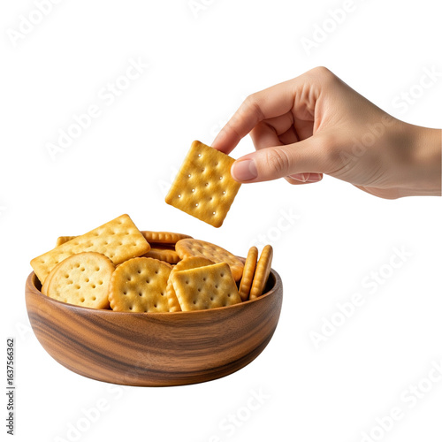 hand reaching for a cracker from a wooden bowl on Isolated transparent background png. generated with AI