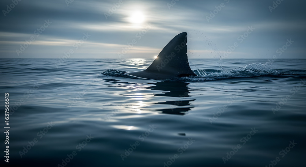 Fototapeta premium A shark's dorsal fin breaks the surface of the ocean, silhouetted against the sun and a cloudy sky.