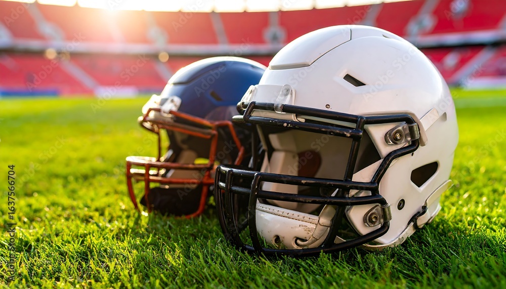 Fototapeta premium Two American Football Helmets Resting on Grassy Field