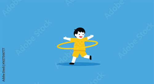 Child hooping with a flat yellow hula hoop, wearing yellow clothes on a blue background