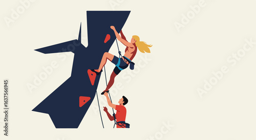 Person climbs climbing wall with friend, safety harness, ropes, & red triangular grips