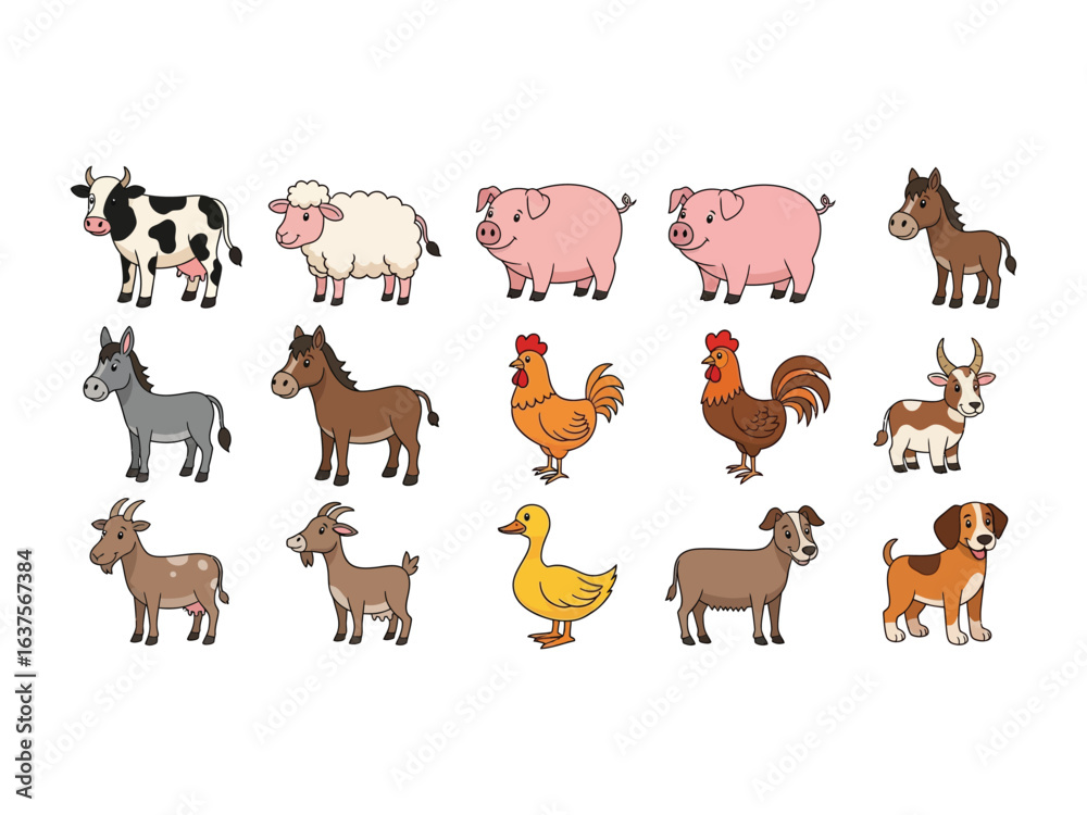 Fototapeta premium Farm animal array: A charming array of farm animals is featured in a cheerful, cartoon-like style, with each animal in an upright stance, showcasing their distinct characteristics.