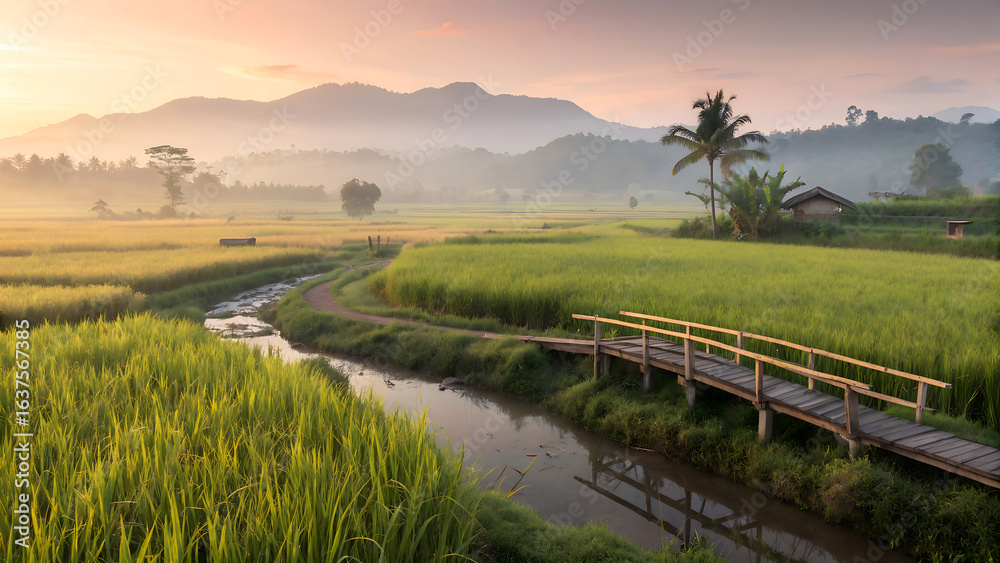 Obraz premium A serene sunrise over rice fields with a bridge and mountain backdrop
