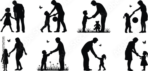 Adult and child silhouette set, parenting interaction clipart, emotional bonding moments, playtime vector, care and connection PNG, butterfly and ball scene, isolated graphic illustration.