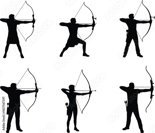 Archer silhouette collection, bow and arrow poses, archery stance clipart, quiver figure PNG, dynamic shooting posture, sport vector design, archery technique illustration set.