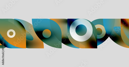 Abstract shapes overlap, creating colorful patterns. Circles, curves, gradients define composition. Modern design, vibrant hues present.
