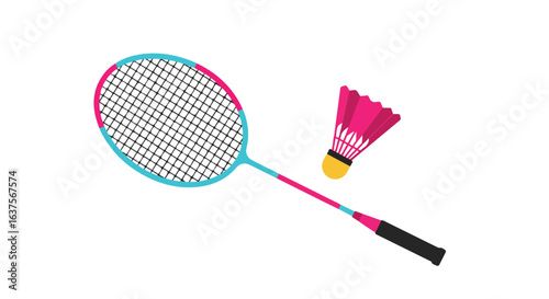 Colorful badminton racket and shuttlecock, flat design. Turquoise, pink, black, yellow