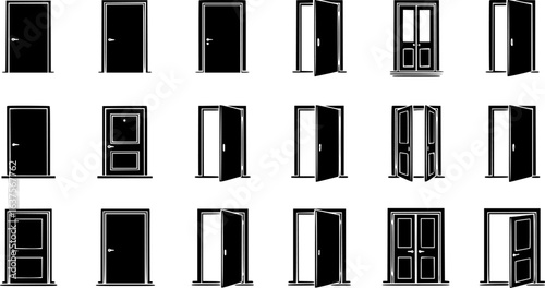 a set icons of doors, including open and closed positions, vector black