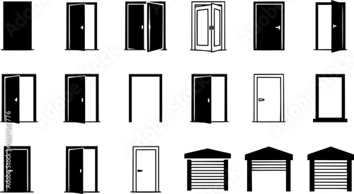 a set icons of doors, including open and closed positions, vector black