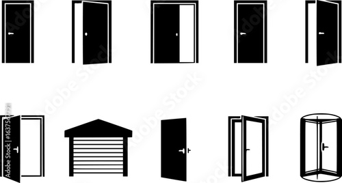 a set icons of doors, including open and closed positions, vector black