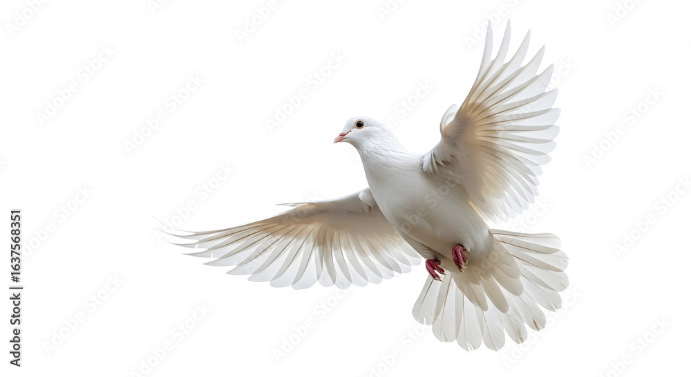 Obraz premium A pristine white dove gracefully soaring with outstretched wings against a pure white background, symbolizing peace.