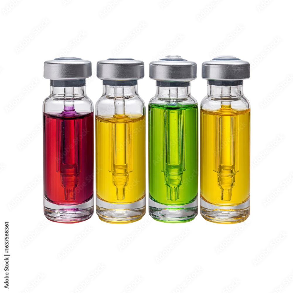 Four Colorful Glass Vials with Liquids and Droppers - Medical, Pharmaceutical, or Scientific Concept Four Colorful Glass Vials with Liquids and Droppers - Medical, Pharmaceutical, or Scientific Concept