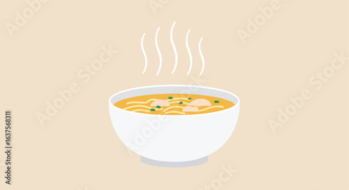 Warming Steaming bowl of soup with green garnish and noodle, simple beige background