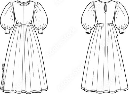 Puff sleeve maxi dress front and back view, flat fashion sketch, gathered waist, cad vector illustration, detailed clothing template