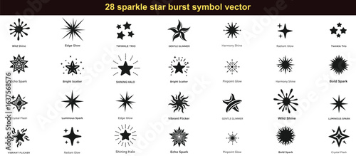 Unique Sparkle Star & Burst Icon Set Radiant Glow, Luminous Spark, Twinkle Trio, Shining Halo, Vibrant Flicker Vector