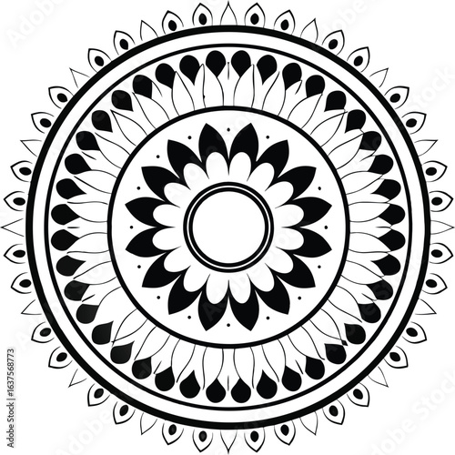 Elegant Black and White Floral Mandala, Vector Ornament for Coloring Pages and Patterns, Detailed, Circular Design, Intricate Motifs, Asian, Traditional, Meditative.