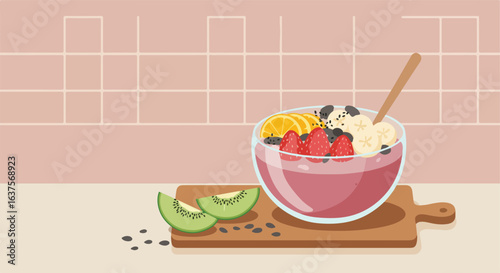 Smoothie bowl topped with fruit and seeds on a wooden board with kiwi slices nearby