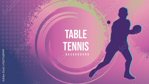 Pastel Gradient Table Tennis Silhouette Background. Player silhouette in action, set against a soft pink, purple, and blue gradient backdrop with abstract circular patterns and halftone effects.