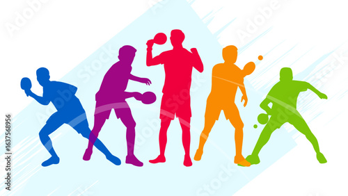 Colorful Table Tennis Player Silhouettes Background. Five player silhouettes in dynamic action poses set against a light abstract background with brush stroke effects.