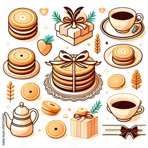  collection of cookies, coffee and cakes with gift wrapping and decorative elements

 a collection of vector icons of alfajores South American cookies and related elements — one cookie, sliced cookies