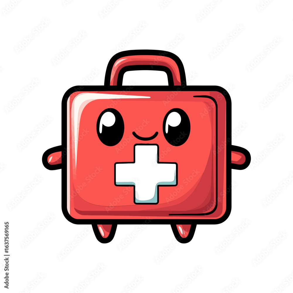 Fototapeta premium A cartoon-style first aid kit character with a happy face and a white cross. Ideal for health, safety, and medical websites or blogs to add a friendly touch to related content.