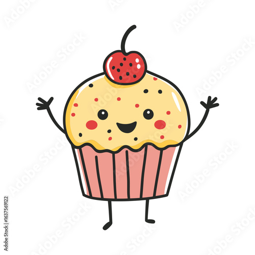 cartoon-style icon of a smiling cupcake with a cherry on top and small arms and legs. It can be used on websites or blogs about baking, food, sweets, or children's themes