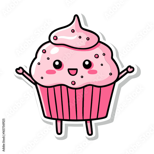 cute, cartoon-style cupcake character with pink frosting and a happy face. This image is perfect for bakery websites, food blogs, or social media pages to represent desserts, sweets, or treats