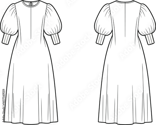 Puff sleeve midi dress flat sketch front and back views, vector CAD drawing, fashion design template, garment technical illustration