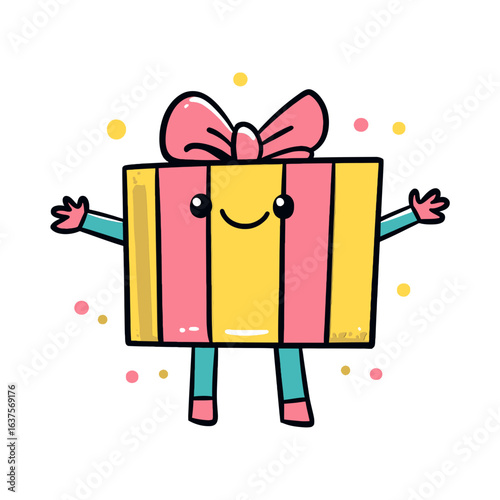 cheerful cartoon sticker-style illustration of a gift box with a pink bow, a smiling face, and arms and legs. This image can be used on websites and blogs related to holidays, gifts, celebrations