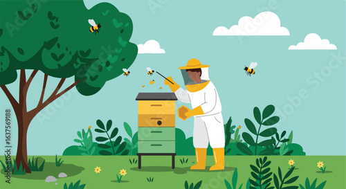 Beekeeper with hive. Bees flying. Green tree, plants, flowers, and clouds. Light blue sky